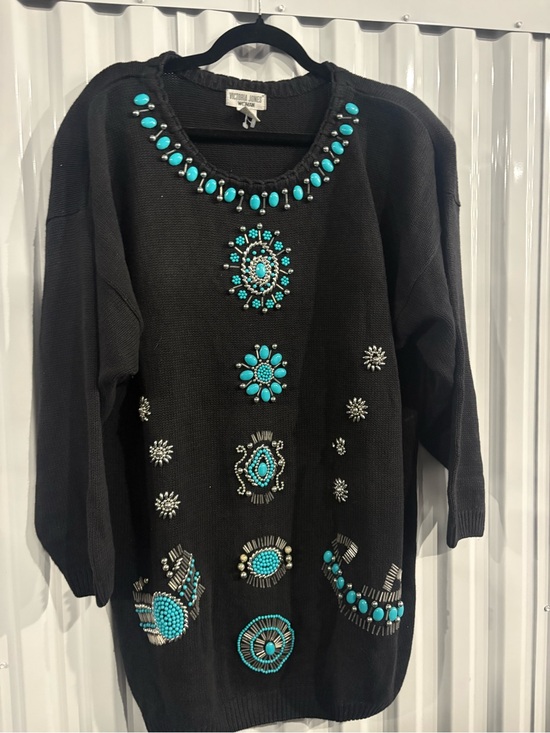 Victoria Jones Woman Sweaters - Vintage Victoria Jones Woman Beaded Southwestern Sweater Black Turquoise